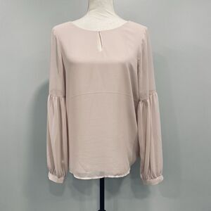 EXPRESS NWT M Women's Pink Sheer Chiffon Blouse Round Neck Balloon Sleeve Office